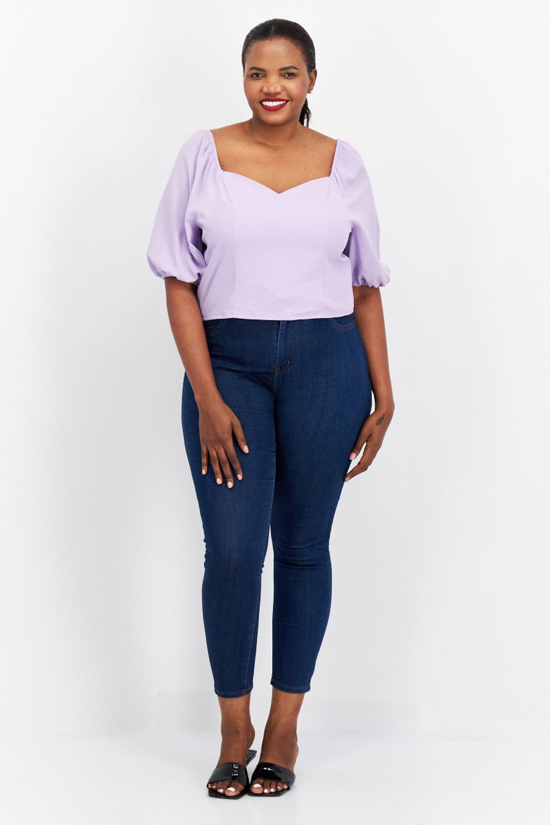 Riley & Rae Women Sweetheart Neck Puff Sleeve Solid Top, Lilac - Image 3