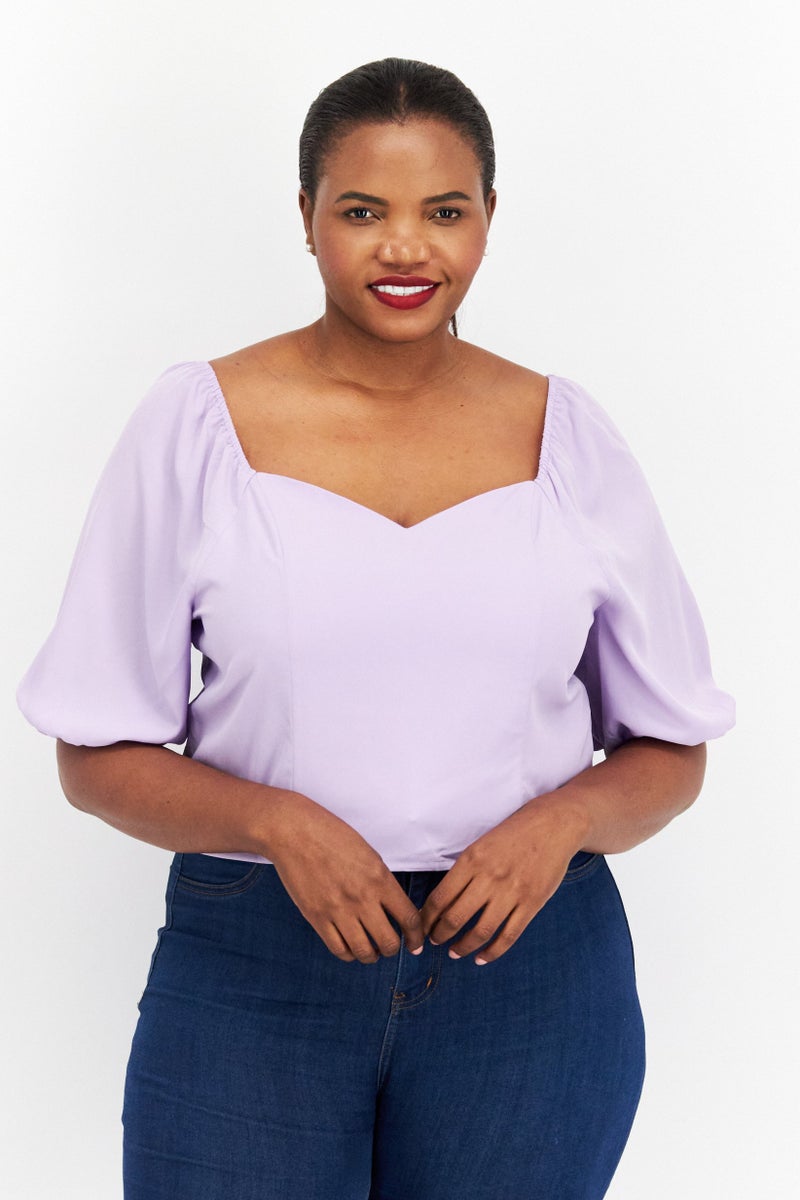 Riley & Rae Women Sweetheart Neck Puff Sleeve Solid Top, Lilac - Image 1