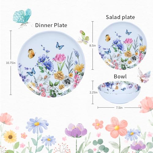 Lechoo 12 Piece Melamine Dinnerware Sets - Plates And Bowls Sets Floral Dinnerware Sets- Spring Camping Dishs Indoor Outdoor Use,Flowers And Butterflies Pattern - Image 2
