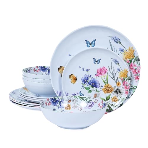 Lechoo 12 Piece Melamine Dinnerware Sets - Plates And Bowls Sets Floral Dinnerware Sets- Spring Camping Dishs Indoor Outdoor Use,Flowers And Butterflies Pattern - Image 1
