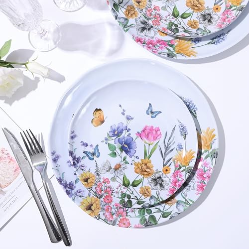 Lechoo 12 Piece Melamine Dinnerware Sets - Plates And Bowls Sets Floral Dinnerware Sets- Spring Camping Dishs Indoor Outdoor Use,Flowers And Butterflies Pattern - Image 3