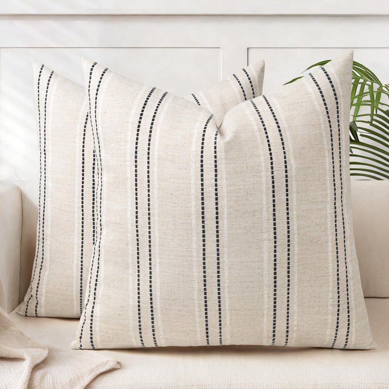 AELS 22x22 Decorative Farmhouse Linen Blend Throw Pillow Covers, Boho Textured Pillow Case, Set of 2, Beige with White & Black Stitch Yarn Dyed Stripe Cushion Cover for Sofa Living Room (Cover ONLY) - Image 1