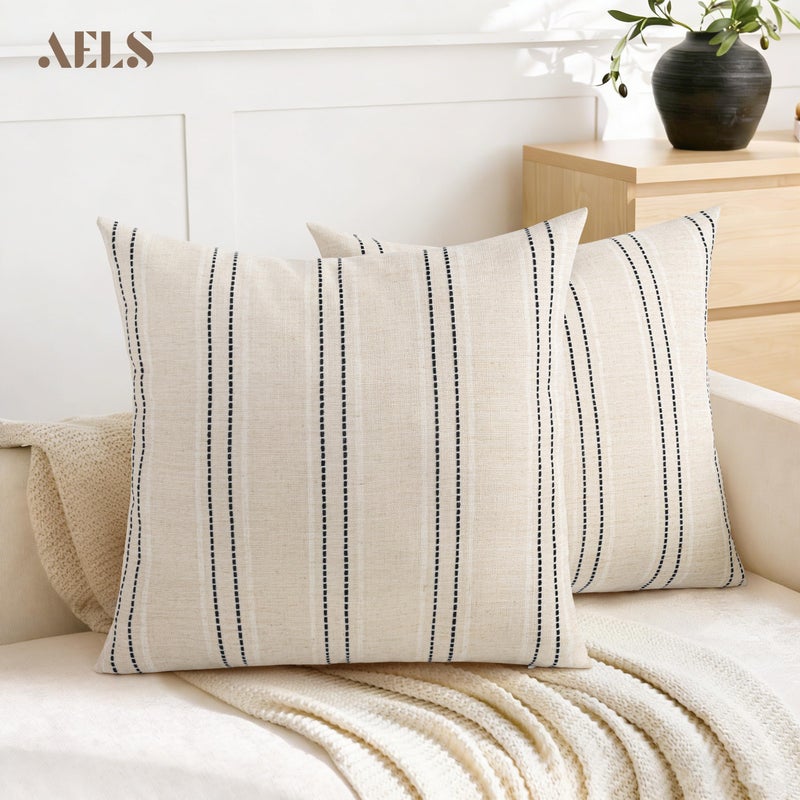 AELS 22x22 Decorative Farmhouse Linen Blend Throw Pillow Covers, Boho Textured Pillow Case, Set of 2, Beige with White & Black Stitch Yarn Dyed Stripe Cushion Cover for Sofa Living Room (Cover ONLY) - Image 5