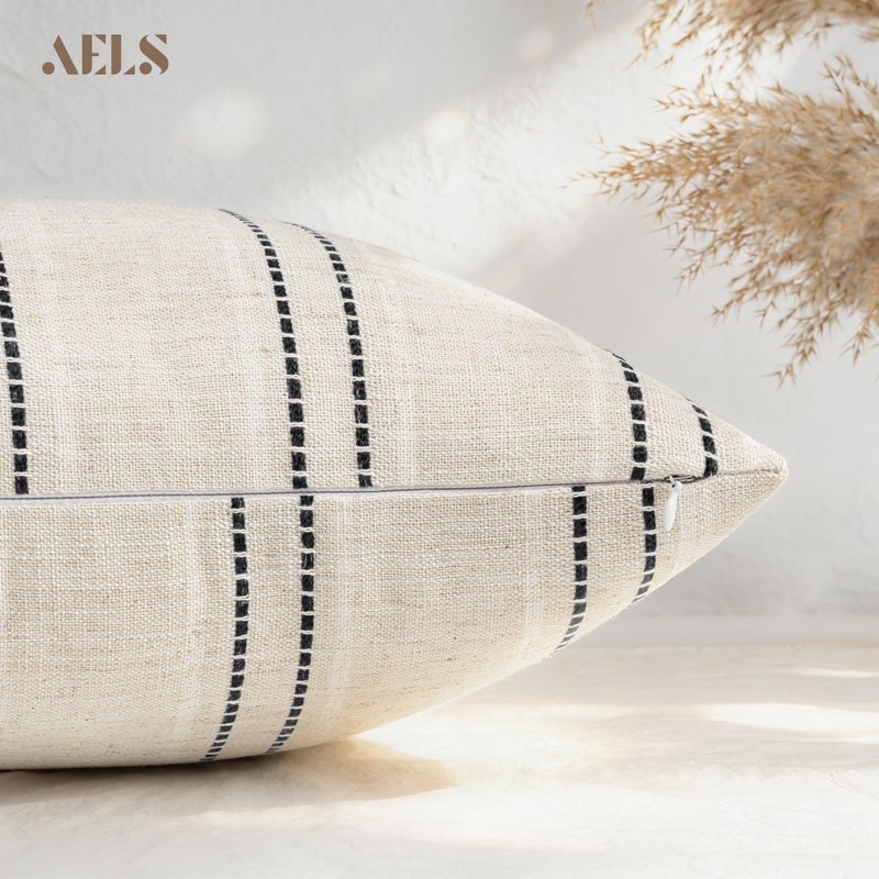 AELS 22x22 Decorative Farmhouse Linen Blend Throw Pillow Covers, Boho Textured Pillow Case, Set of 2, Beige with White & Black Stitch Yarn Dyed Stripe Cushion Cover for Sofa Living Room (Cover ONLY) - Image 4