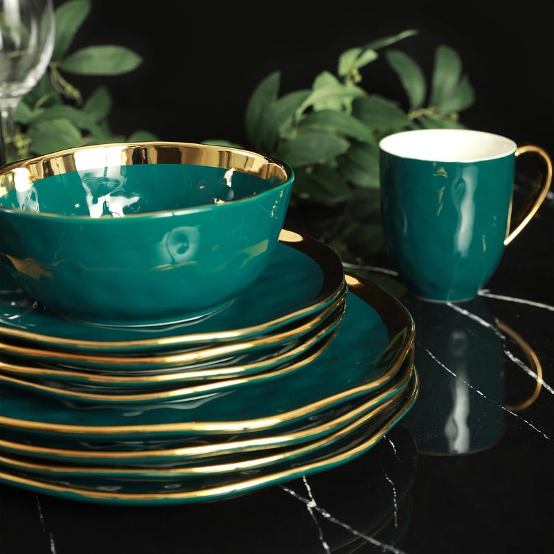 Stone Lain Florian Modern Porcelain 16 Piece Dinnerware Set, Plates and Bowls Set, Dish set for 4, Green and Golden Rim - Image 3