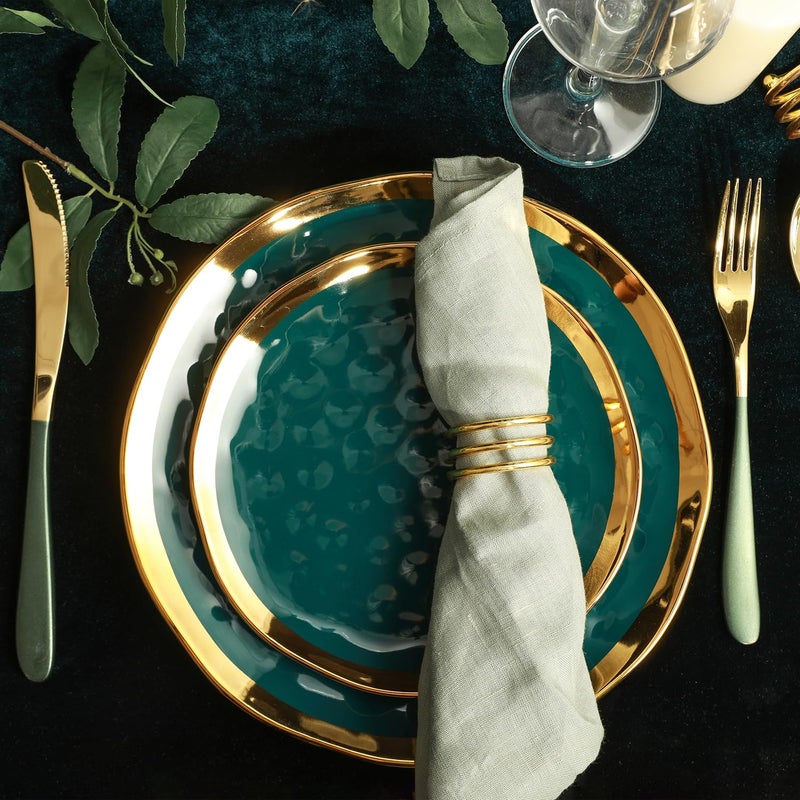 Stone Lain Florian Modern Porcelain 16 Piece Dinnerware Set, Plates and Bowls Set, Dish set for 4, Green and Golden Rim - Image 4