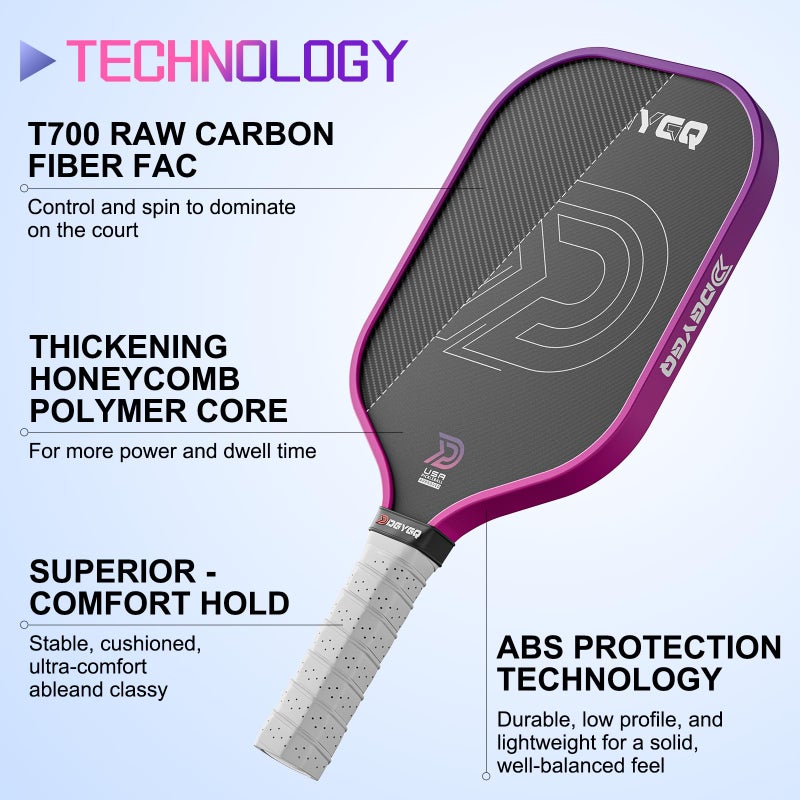 DGYGQ Professional Carbon Fiber Pickleball Paddle-16mm, Superior Control, Strong Power and Forceful Spin with 16mm Honeycomb Core Pickleball Rackets (Pink and Purple) - Image 2