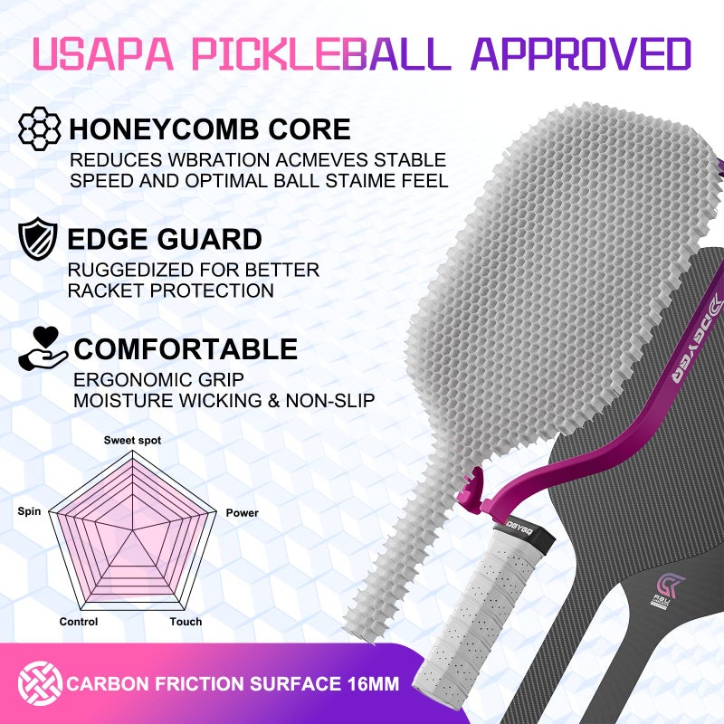 DGYGQ Professional Carbon Fiber Pickleball Paddle-16mm, Superior Control, Strong Power and Forceful Spin with 16mm Honeycomb Core Pickleball Rackets (Pink and Purple) - Image 3