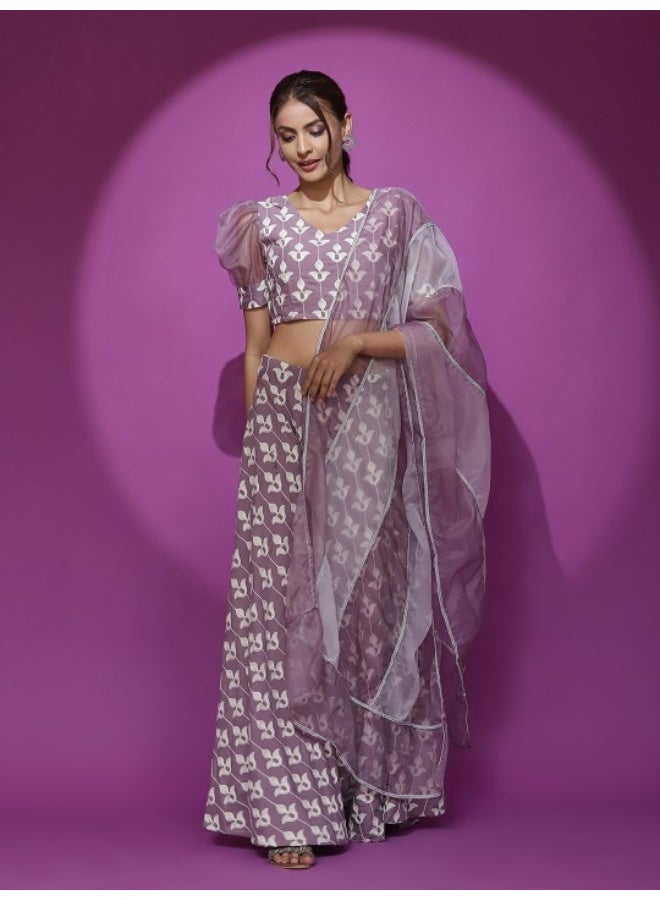 AKS Mauve Embroidered Lehenga Choli With Organza Dupatta Set  - Image 1