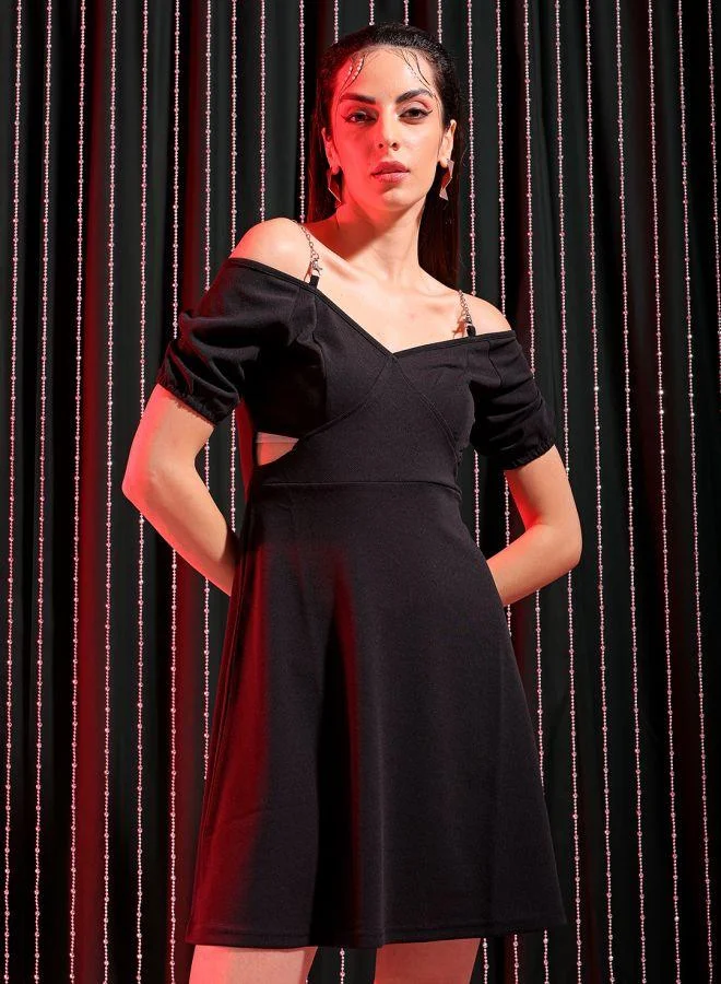 Freehand  Women Regular Fit Solid Off Shoulder Three-Quarter Sleeve Skater Dress for Women | Best Price UAE