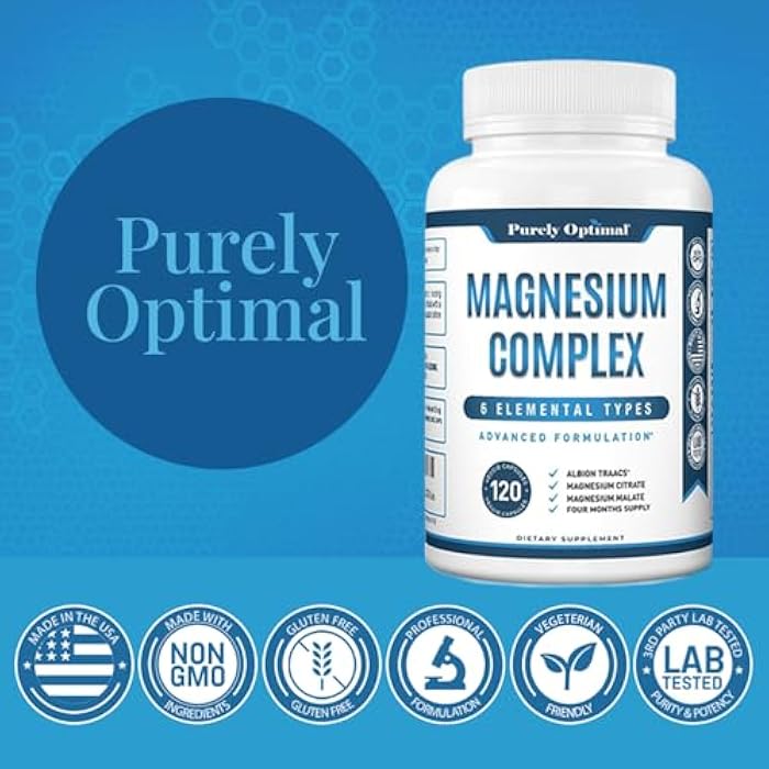 Purely Optimal Magnesium Complex - 6 Forms Magnesium Glycinate, Citrate & Malate - Sleep Support, Stress Relief, Muscles, Heart Health & Relaxation - Magnesium Supplement for Women & Men, 120 Caps - Image 5