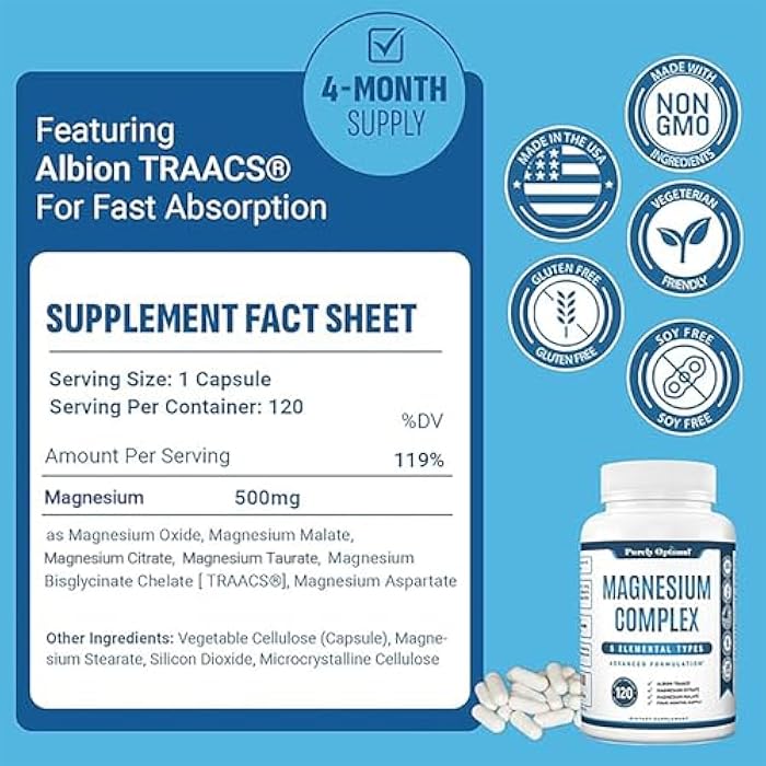 Purely Optimal Magnesium Complex - 6 Forms Magnesium Glycinate, Citrate & Malate - Sleep Support, Stress Relief, Muscles, Heart Health & Relaxation - Magnesium Supplement for Women & Men, 120 Caps - Image 2