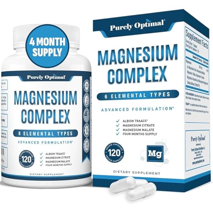 Purely Optimal Magnesium Complex - 6 Forms Magnesium Glycinate, Citrate & Malate - Sleep Support, Stress Relief, Muscles, Heart Health & Relaxation - Magnesium Supplement for Women & Men, 120 Caps - Image 1