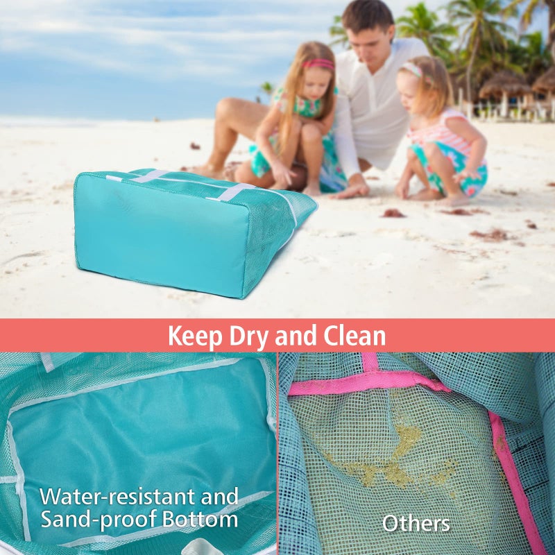 F-color Foldable XL Mesh Beach Bag, 9-Pockets Lightweight Beach Bag for Women with Bottom Waterproof-Sandproof for Pool Cruise Ship Travel Beach Vacation Essentials, Mint Green - Image 3