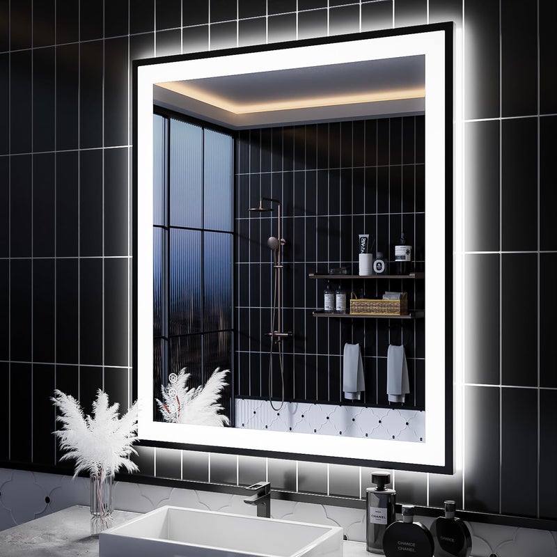 ISKM 36x28 Inch LED Bathroom Mirror with Front Light and Backlight Black Framed Dimmable Lighted AntiFog Wall Vanity Mirror 3 Colors Shatterproof and Waterproof Memory Function