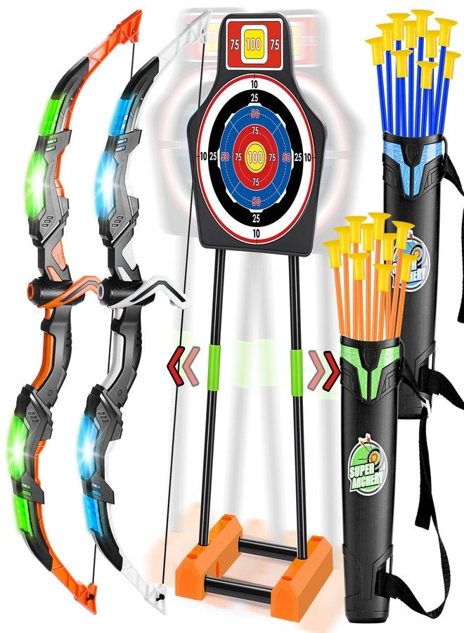 MOEAWS 2 Pack Bow and Arrow Set with Moving Standing Target& 2 Colors 20 Suction Cup Arrows, Light Up Archery Toys for Kids age 4-12 Years Old Boys Girls Indoor and Outdoor, Birthday Gifts Christmas ideas - Image 1