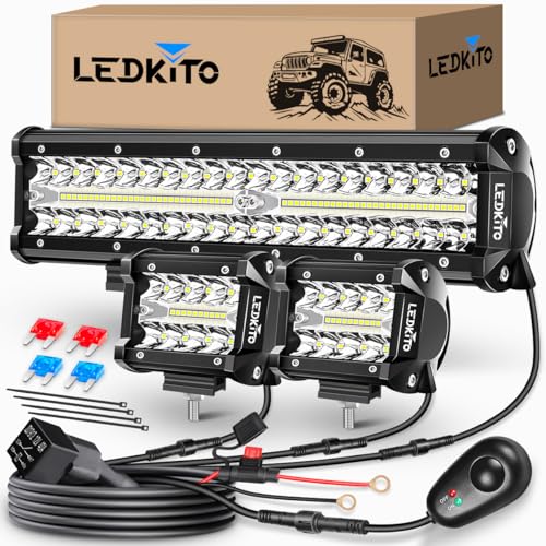 LEDKITO 12 inch LED Light Bar and 2PCS 4 Inch LED Pods with Switch 3 Lead Off Road Wiring Harness Kit Triple Row Spot Flood Combo Light Bar Pods Kit for Off Road UTV ATV Trucks Boat - Image 1