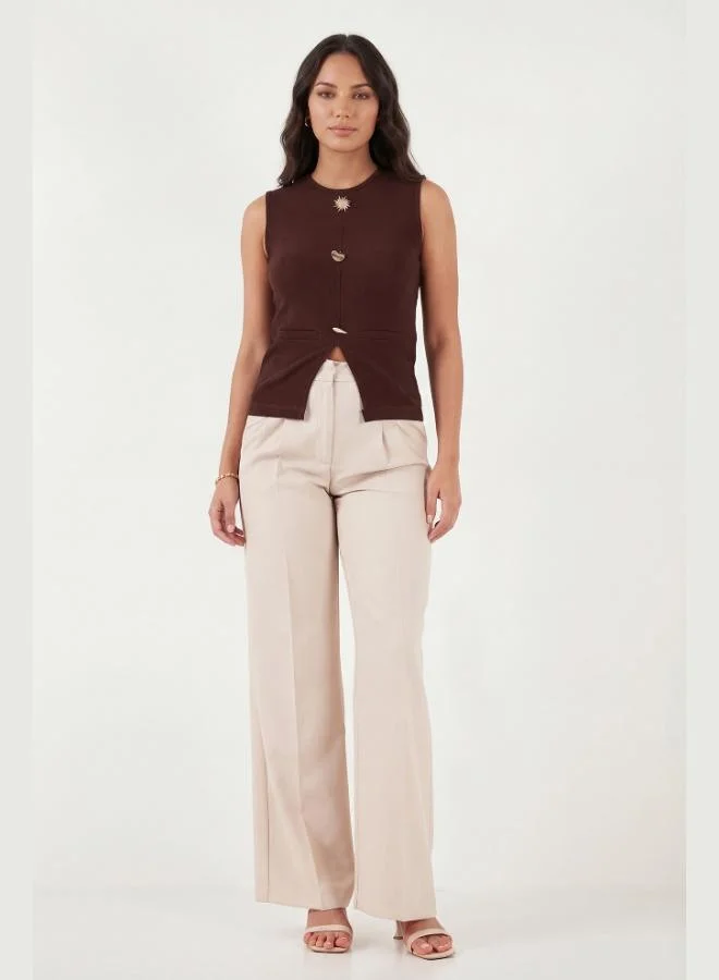 ليلا Lela Fitted Crew Neck Blouse with Accessory Details Women's Blouse 5866475