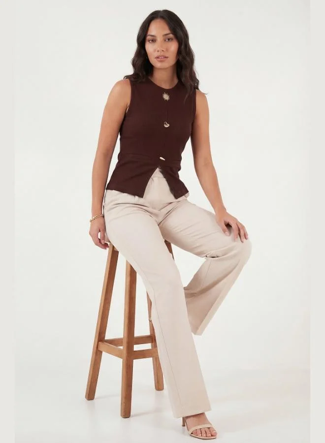 Lela  Lela Fitted Crew Neck Blouse with Accessory Details Women's Blouse 5866475 for Women | Best Price UAE