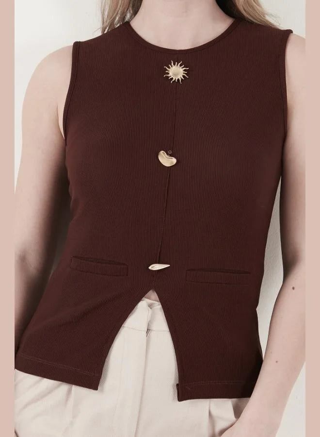 Lela  Lela Fitted Crew Neck Blouse with Accessory Details Women's Blouse 5866475 for Women | Best Price UAE