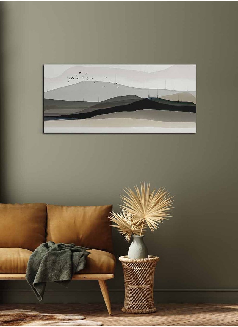 LOWHA Framed Canvas Wall Art Stretched Over Wooden Frame, Panorama Orientation Birds Flying Around Mountains Painting, For Home, Living Room, Office Décor  - Image 2