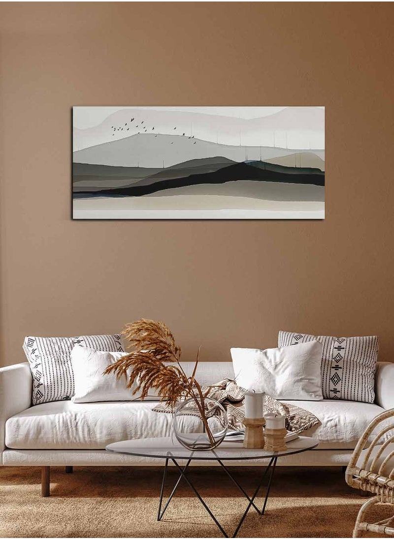 LOWHA Framed Canvas Wall Art Stretched Over Wooden Frame, Panorama Orientation Birds Flying Around Mountains Painting, For Home, Living Room, Office Décor  - Image 1