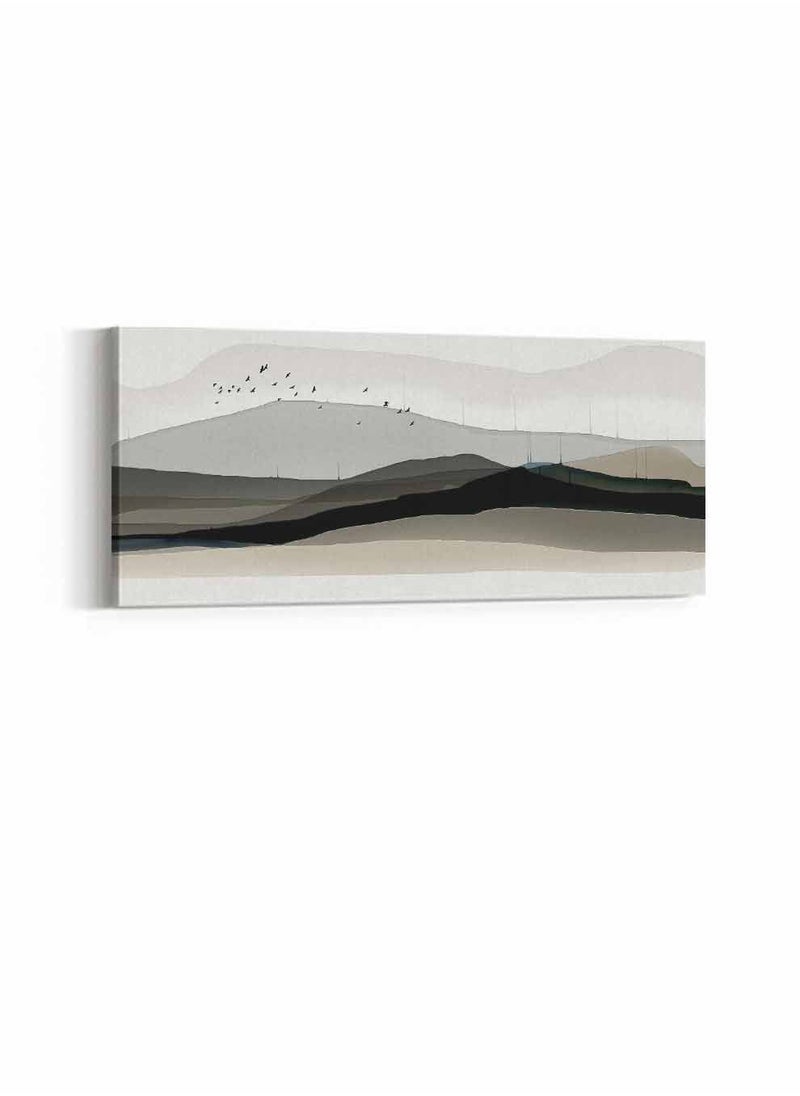 LOWHA Framed Canvas Wall Art Stretched Over Wooden Frame, Panorama Orientation Birds Flying Around Mountains Painting, For Home, Living Room, Office Décor  - Image 3