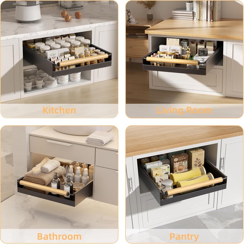 Upesitom 2 Pack Pull Out Cabinet Organizer, 15.3'' Deep Expandable Slide Out Cabinet Organizer Fixed with Adhesive Nano Film, Slide Out Drawers Pull Out Tray for Cabinet in Kitchen, Pantry, Bathroom, Black - Image 5