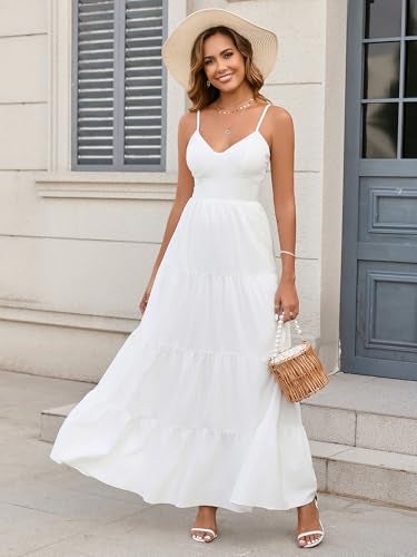 HTZMO Women Casual Summer Floral Maxi Sundress V Neck Spaghetti Strap Bow Tie Backless Flowy Boho Beach Long Dress 2026 White L - Image 2