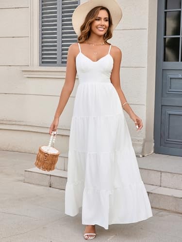 HTZMO Women Casual Summer Floral Maxi Sundress V Neck Spaghetti Strap Bow Tie Backless Flowy Boho Beach Long Dress 2026 White L - Image 5
