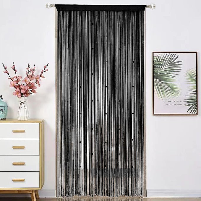 BEADED CURTAIN BEADS DOOR STRING CURTAINS IDEAL FOR LIVING ROOM DECOR WALL HANGING FRINGE DOORWAY DIVIDER BEDROOM BACKDROP HIPPIE WINDOW CLOSET PRIVACY ROD POCKET DENSE 100X200CMBLACK