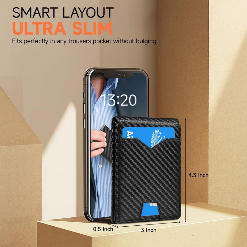 XZVXZV Man Slim Wallet Leather Money Clip RFID Blocking Front Pocket Minimalist Bifold Wallet Thin Credit Card Holder Carbon Black&Blue - Image 2