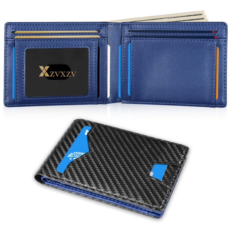 XZVXZV Man Slim Wallet Leather Money Clip RFID Blocking Front Pocket Minimalist Bifold Wallet Thin Credit Card Holder Carbon Black&Blue - Image 1