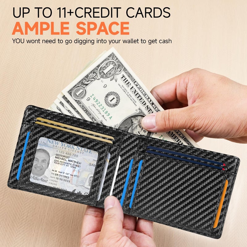 XZVXZV Man Slim Wallet Leather Money Clip RFID Blocking Front Pocket Minimalist Bifold Wallet Thin Credit Card Holder Carbon Black&Blue - Image 3