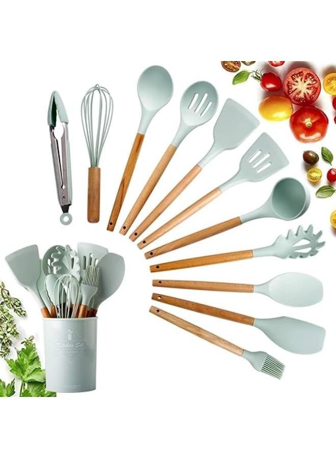 12 PIECES SILICONE KITCHEN UTENSIL SET, WOODEN HANDLE SILICONE COOKWARE SET, SUITABLE FOR KITCHEN COOKING, A SET OF HEAT-RESISTAN, KITCHEN UTENSILS, SILICONE TABLEWARE SET, KITCHEN TOOLS WITH STORAGE BUCKET(MINT GREEN)