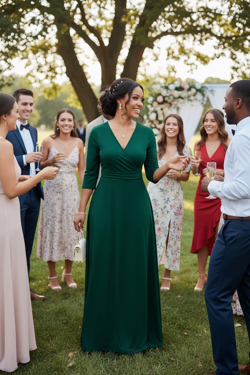 CLOCOR Women's Formal Long Dress Gowns Evening Party High Waist V Neck Wedding Guest Dresses Green XL - Image 3