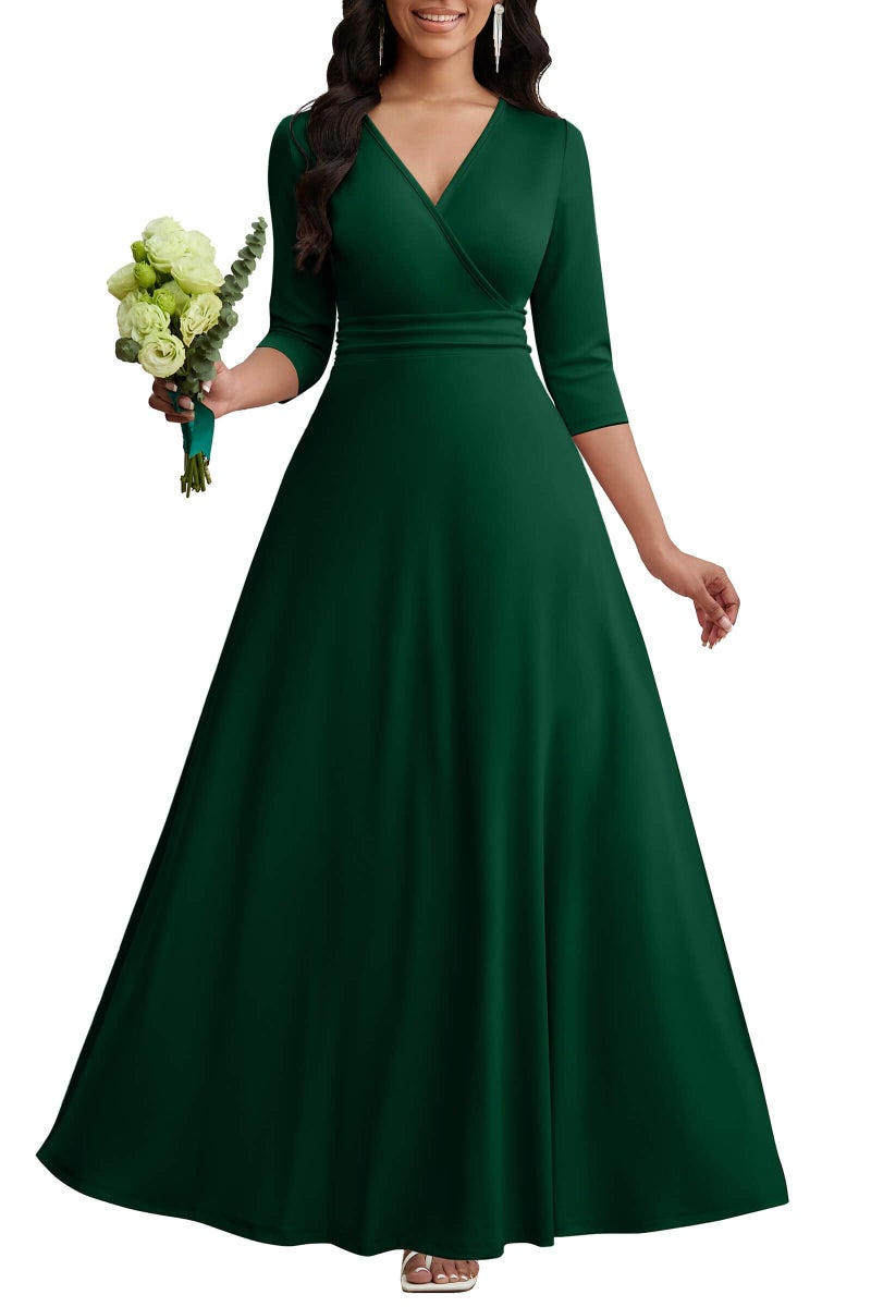 CLOCOR Women's Formal Long Dress Gowns Evening Party High Waist V Neck Wedding Guest Dresses Green XL - Image 1