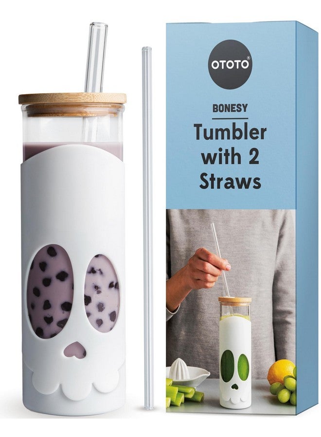 OTOTO NEW Bonesy Glass Tumbler with Straw and Lid - 17oz Cute Water Bottle Tumblers, Goth Accessories, Spooky Gifts, Halloween, Skull Glass Cup with Lid and Straw, Goth Gift (White) - Image 1