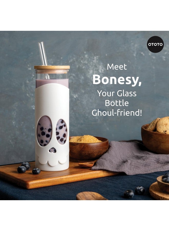 OTOTO NEW Bonesy Glass Tumbler with Straw and Lid - 17oz Cute Water Bottle Tumblers, Goth Accessories, Spooky Gifts, Halloween, Skull Glass Cup with Lid and Straw, Goth Gift (White) - Image 3