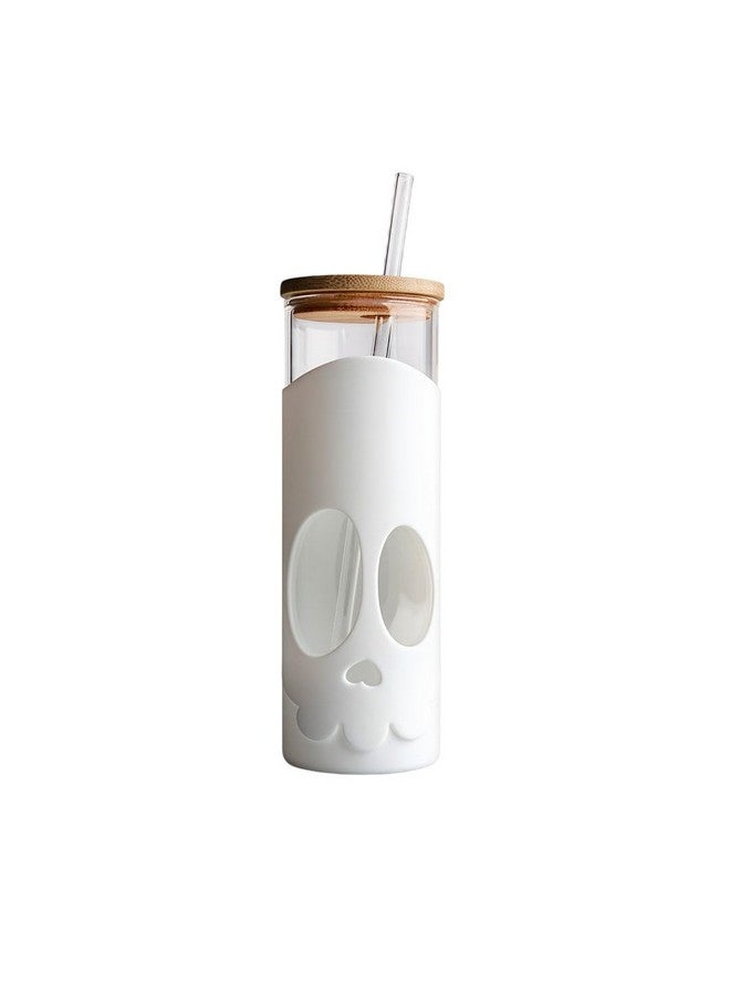 OTOTO NEW Bonesy Glass Tumbler with Straw and Lid - 17oz Cute Water Bottle Tumblers, Goth Accessories, Spooky Gifts, Halloween, Skull Glass Cup with Lid and Straw, Goth Gift (White) - Image 4