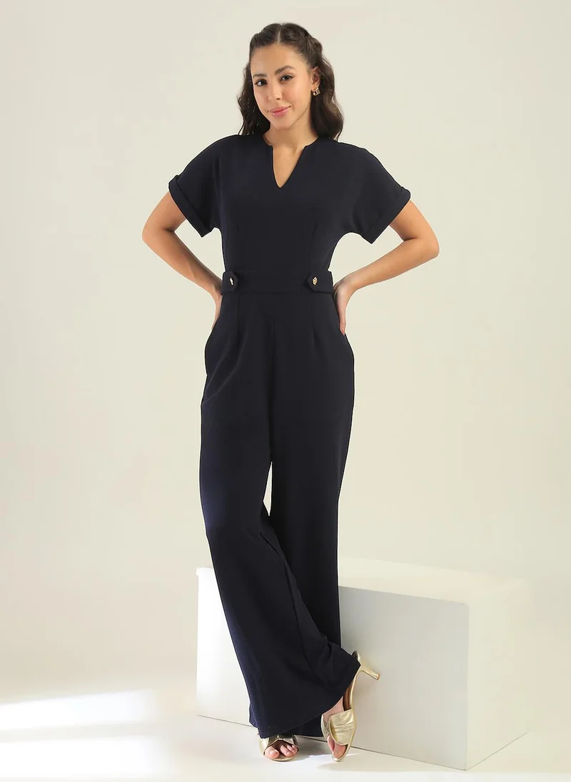 globus Globus Women Blue V-Neck Extended Sleeves Self Design Wide Leg Belted Workwear Jumpsuit