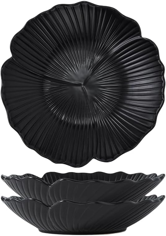 Jusalpha Set of 3Japanese Style Flower Petal Shaped Porcelain Dinner Plates Versatile Circular Serving Plates for Breakfast Salad Steak Dinner PL019 10 Inches Black - Image 1