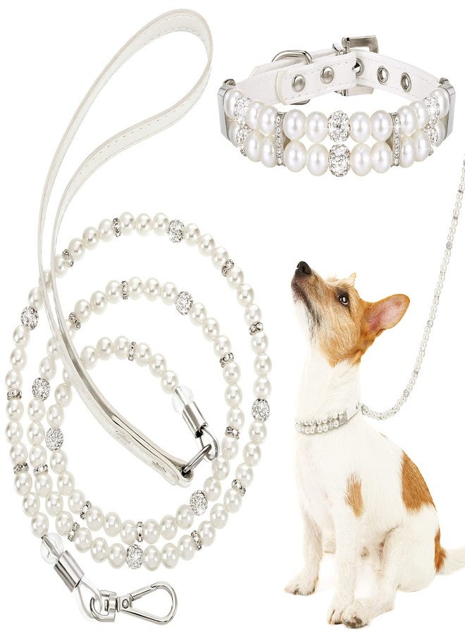 Weewooday 2 Pcs Dog Wedding Collar with Leash Pearl Necklace Collar and Beaded Leash with Lockable Hooks and 2 Rows of Pearls Adjustable for Pet Cat Bridal(Medium) - Image 1