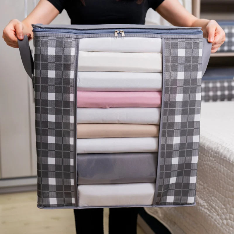 ناكاريف 3 Pieces Medium Size Window Square Patterned Plaid Gray Pillow Quilt Sweater Organizer Storage Bag 45X30X50 cm