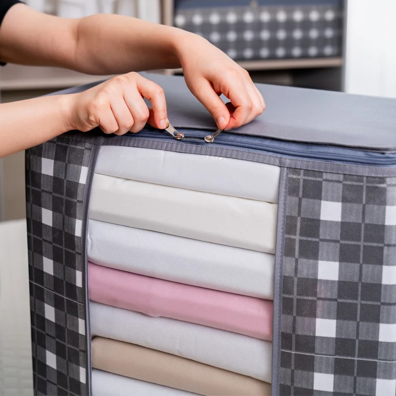 ناكاريف 3 Pieces Medium Size Window Square Patterned Plaid Gray Pillow Quilt Sweater Organizer Storage Bag 45X30X50 cm