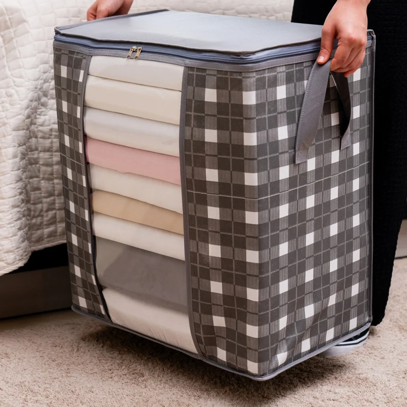 ناكاريف 3 Pieces Medium Size Window Square Patterned Plaid Gray Pillow Quilt Sweater Organizer Storage Bag 45X30X50 cm