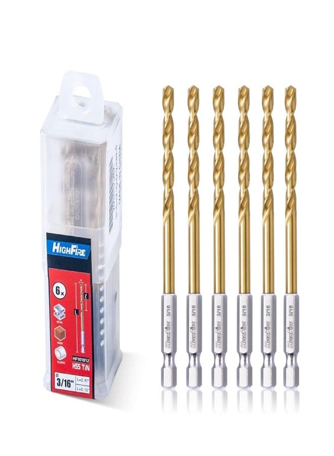 HIGHFIRE 3/16 Inch Twist Drill Bits, HSS Sharp Hex Shank Drill Bits, TiN Coated Drill Bits for Metal -Steel, Copper, Aluminum, Zinc Alloy, Quick Change Drill Bits (6 PCS Same Size in One Pack) - Image 1