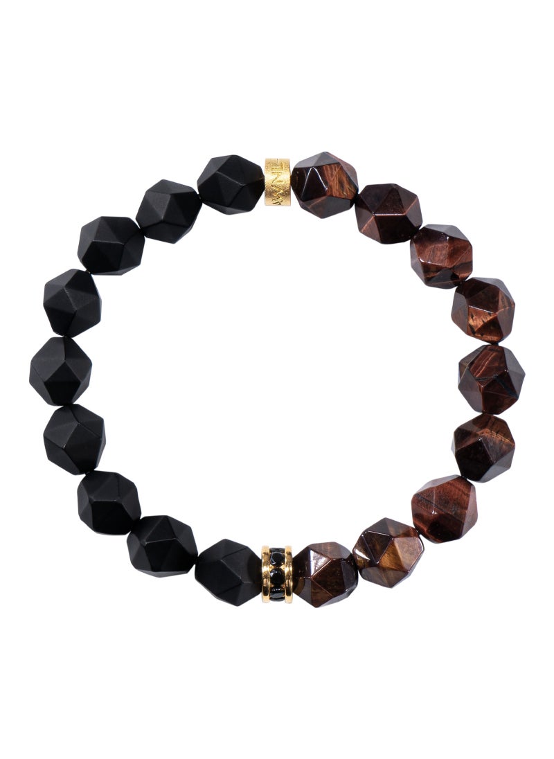 Men's Beaded Bracelet with Black Onyx and Red Tiger Eye, Natural Gemstones Silver Lucky Wheel Charm Gift for Husband Boyfriend