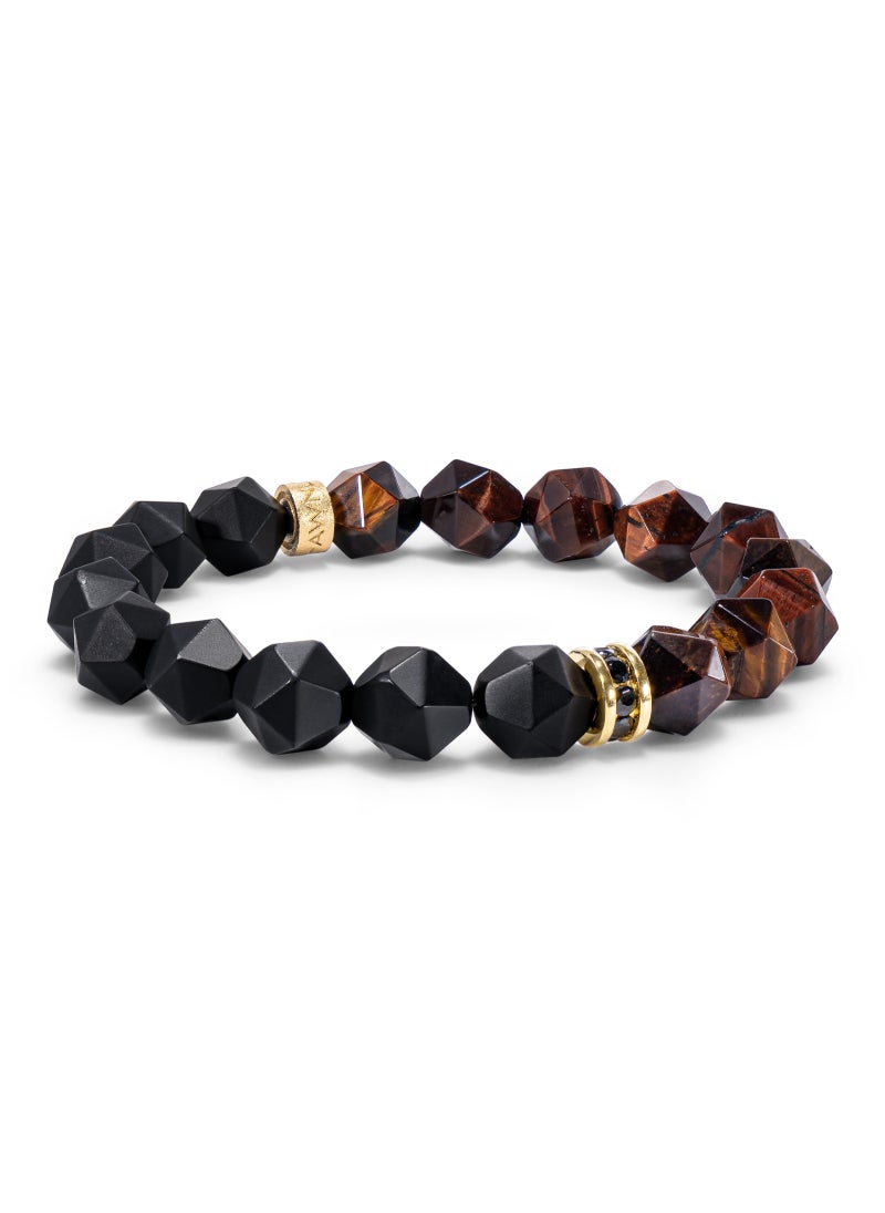 Men's Beaded Bracelet with Black Onyx and Red Tiger Eye, Natural Gemstones Silver Lucky Wheel Charm Gift for Husband Boyfriend
