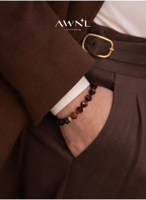 Men's Beaded Bracelet with Black Onyx and Red Tiger Eye, Natural Gemstones Silver Lucky Wheel Charm Gift for Husband Boyfriend